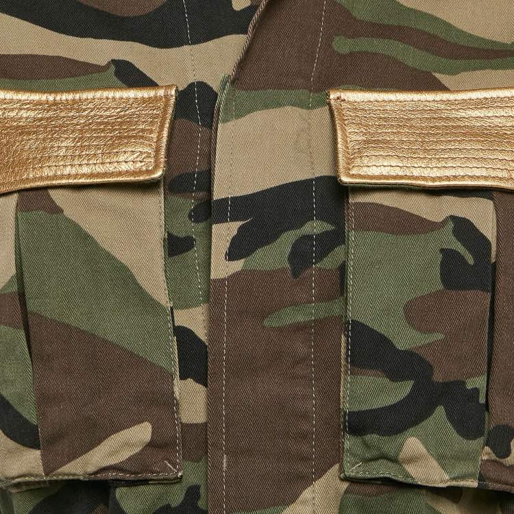 Pre Owned Saint Laurent Green Camo Print Leather Print Cotton Belted Jacket S