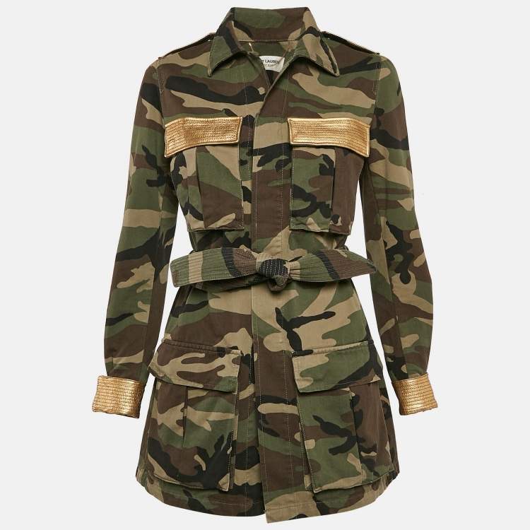 Pre Owned Saint Laurent Green Camo Print Leather Print Cotton Belted Jacket S