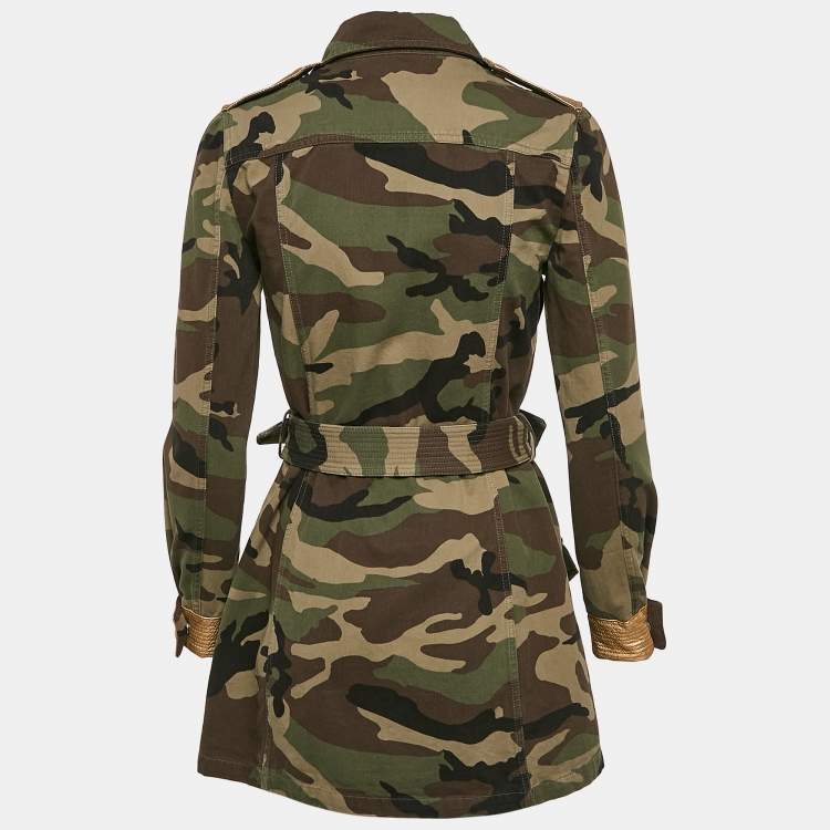 Pre Owned Saint Laurent Green Camo Print Leather Print Cotton Belted Jacket S