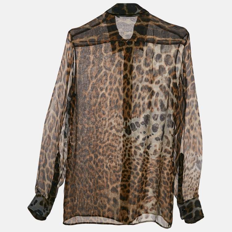 Pre Owned Saint Laurent Brown Leopard Print Silk Sheer Shirt M