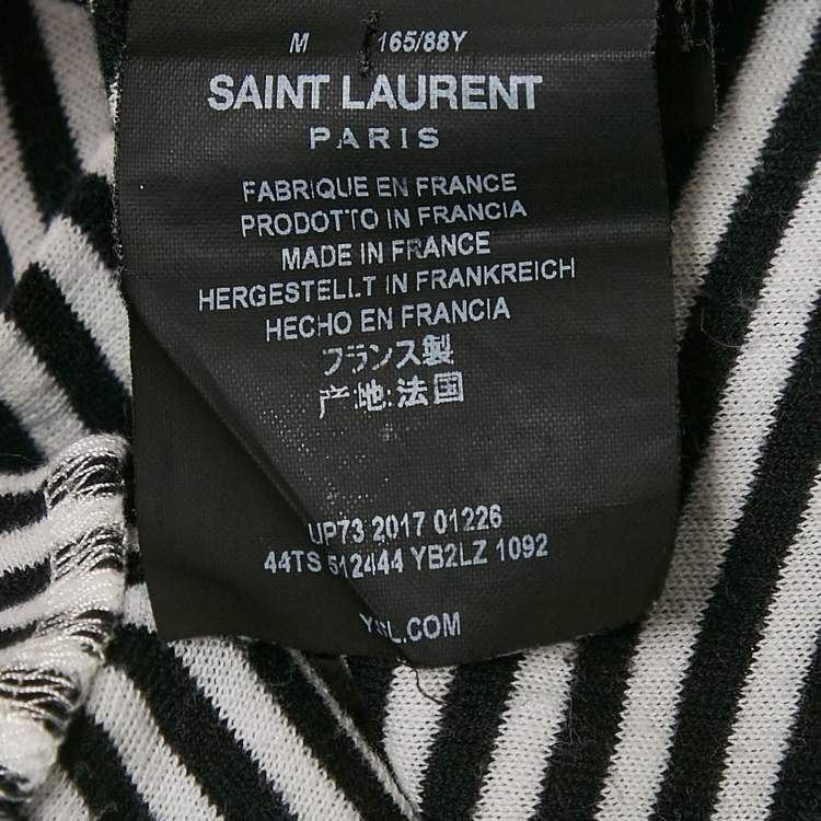 Pre Owned Saint Laurent Paris White/Black Stripe Logo Embroidered Jersey T-Shirt M