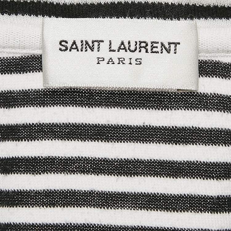 Pre Owned Saint Laurent Paris White/Black Stripe Logo Embroidered Jersey T-Shirt M