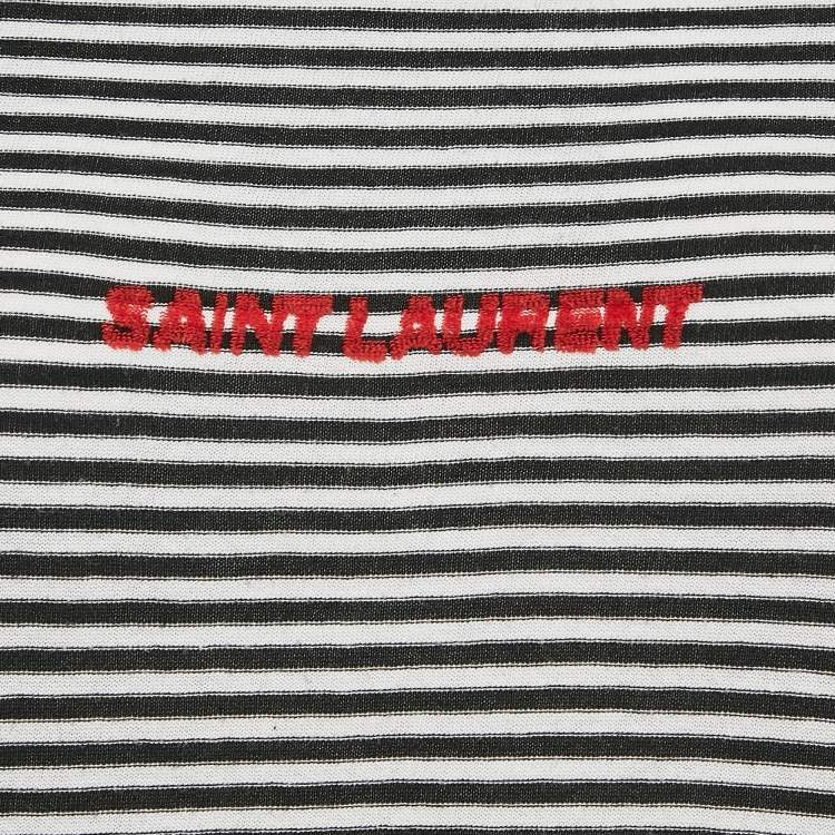Pre Owned Saint Laurent Paris White/Black Stripe Logo Embroidered Jersey T-Shirt M