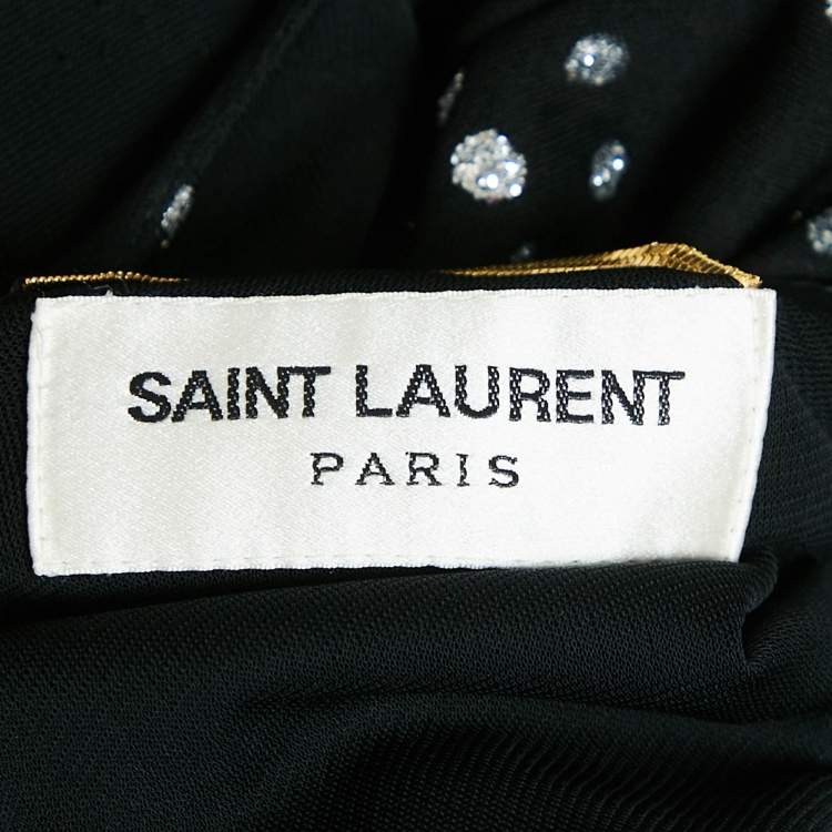 Pre Owned Saint Laurent Black/Silver Glitter Print Jersey Pleated Midi Dress M