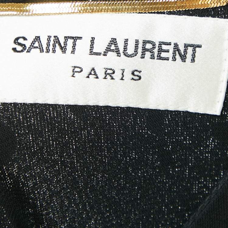 Pre Owned Saint Laurent Black/Silver Glitter Print Jersey Pleated Midi Dress M