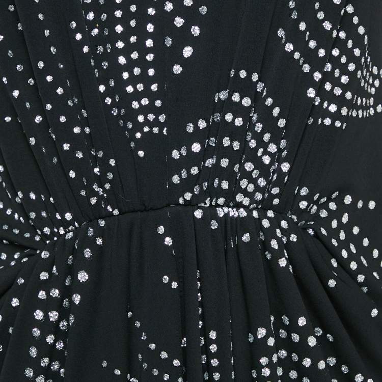 Pre Owned Saint Laurent Black/Silver Glitter Print Jersey Pleated Midi Dress M