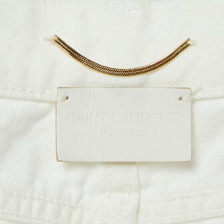 Pre Owned Saint Laurent White Denim Distressed Mini Skirt M