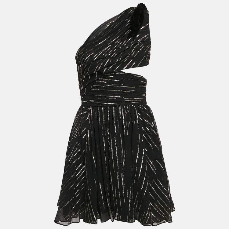Pre Owned Saint Laurent Paris Black Lurex Silk Draped One-Shoulder Mini Dress M