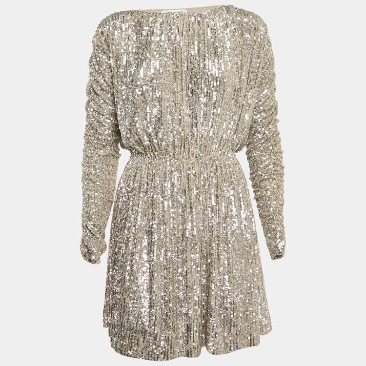 Pre Owned Saint Laurent Metallic Champagne Sequin Knit Dress S