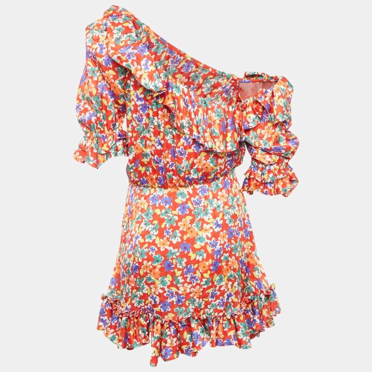 Pre Owned Saint Laurent Red Floral Print Silk One Shoulder Ruffled Mini Dress M
