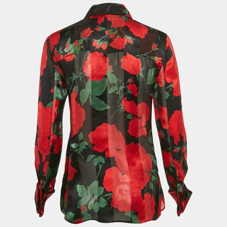 Pre Owned Saint Laurent Paris Black/Red Floral Print Semi-Sheer Silk Shirt S