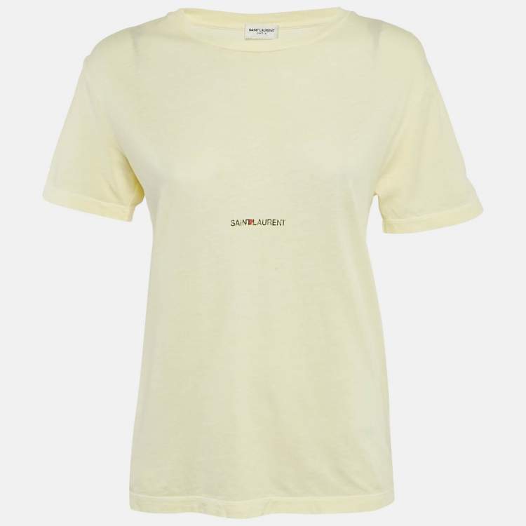 Pre Owned Saint Laurent Paris Yellow Logo Print Jersey Crewneck T-Shirt S