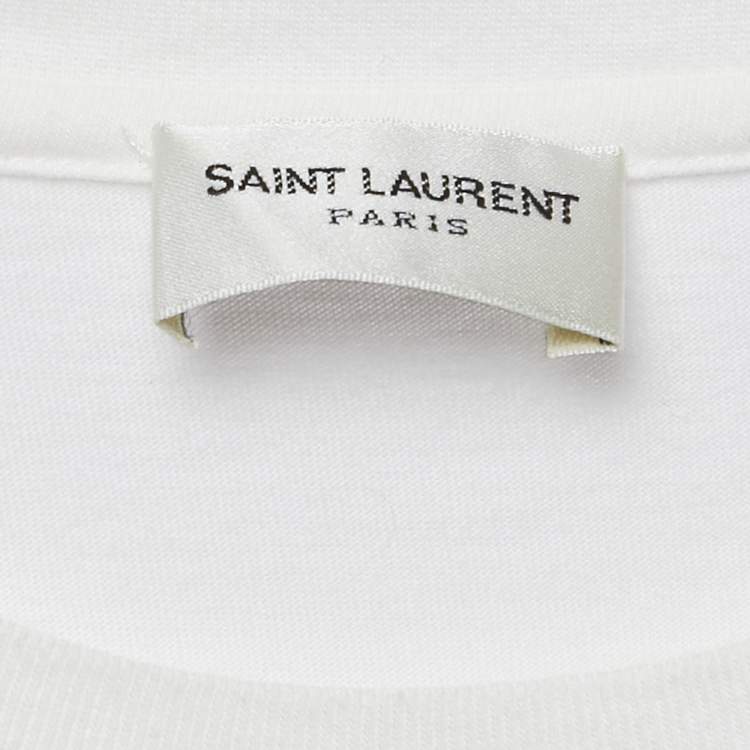 Pre Owned Saint Laurent Off-White Logo Print Cotton Crew Neck T-Shirt XS