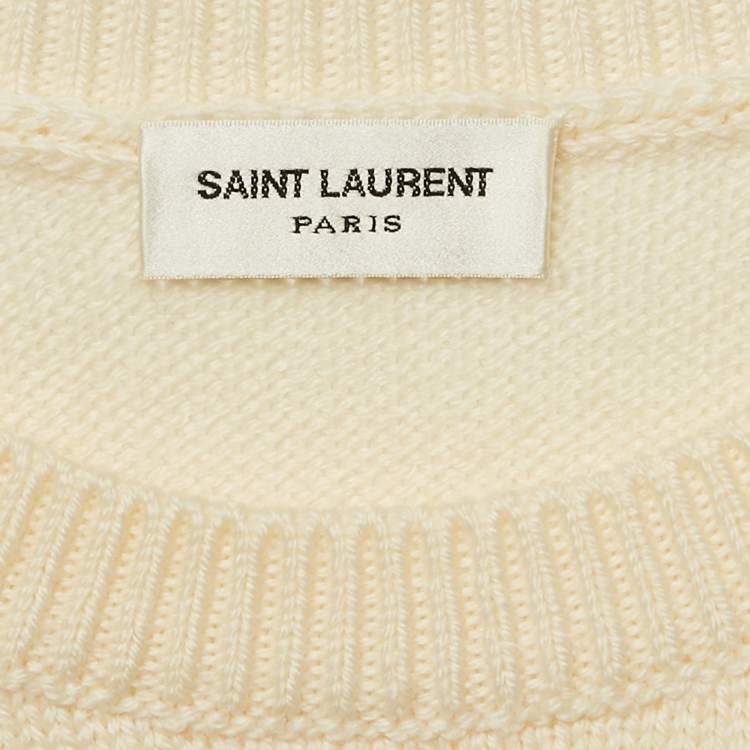 Pre Owned Saint Laurent Cream Pointelle Knit Crop Fisherman Sweater XS