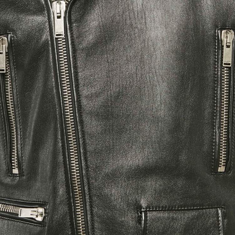 Pre Owned Saint Laurent Black Leather Studded Zip-Up Biker Jacket XL