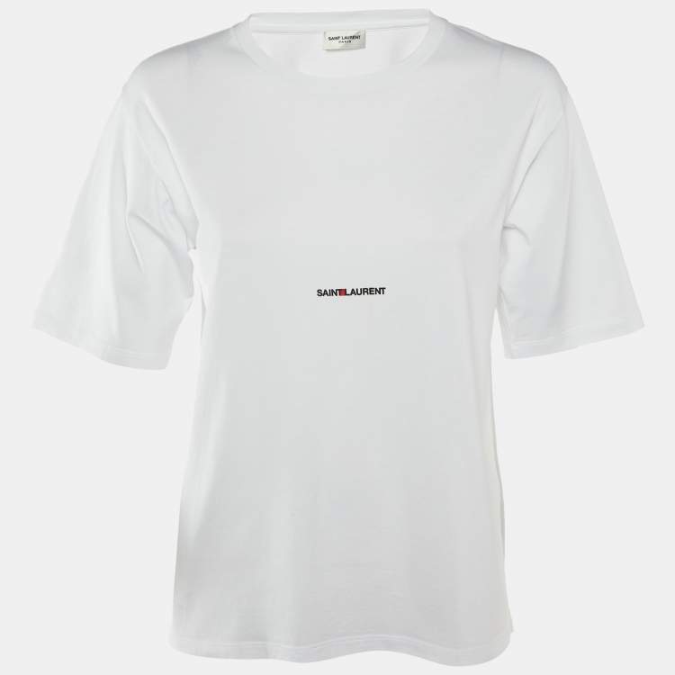 Pre Owned Saint Laurent White Logo Print Cotton Crew Neck T-Shirt S