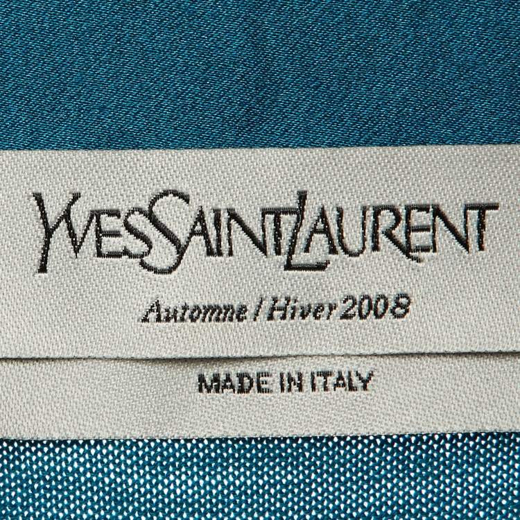 Pre Owned Yves Saint Laurent Teal Blue Wool Knit & Satin Trim Button Front Cardigan L