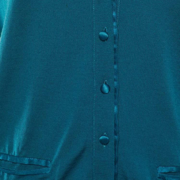 Pre Owned Yves Saint Laurent Teal Blue Wool Knit & Satin Trim Button Front Cardigan L