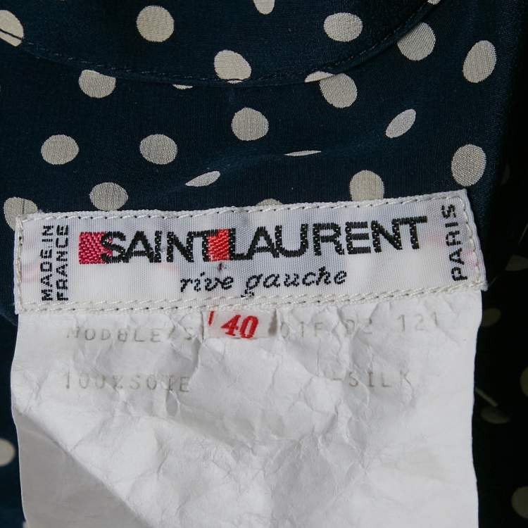 Pre Owned Saint Laurent Rive Gauche Navy Blue Polka Dot Silk Midi Dress M