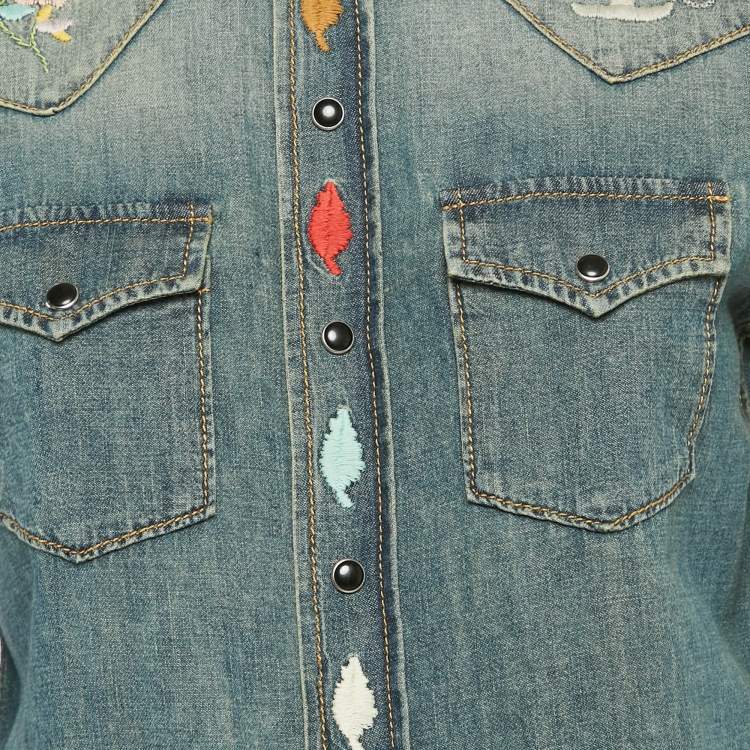 Pre Owned Saint Laurent Blue Embroidered Denim Button Front Blouse S