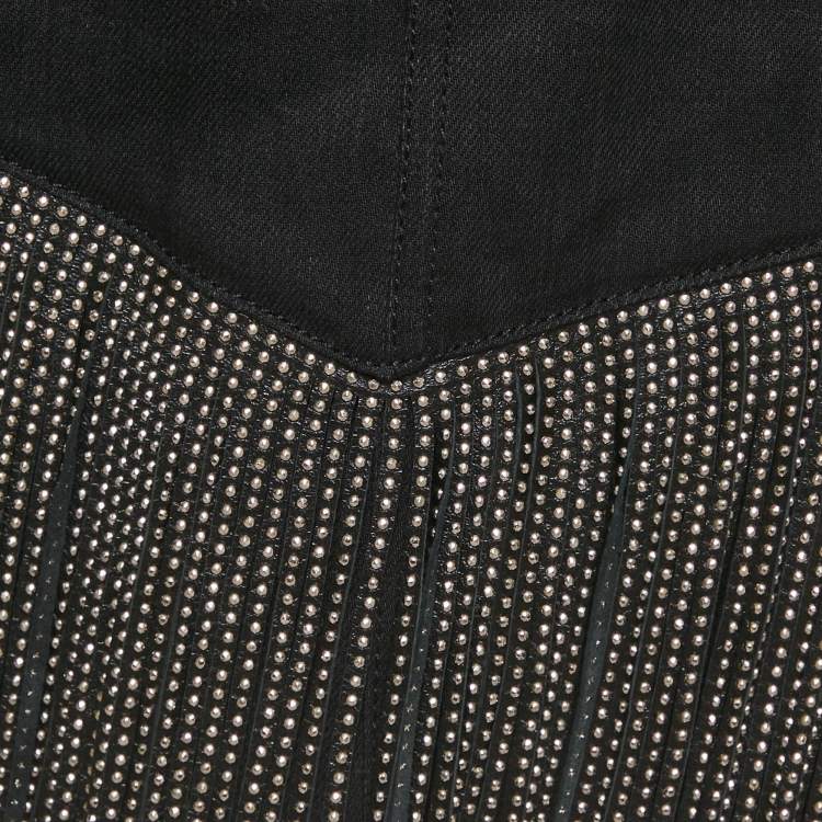 Pre Owned Saint Laurent Black Studded Leather Fringe Trim Denim Skirt S Waist 27"