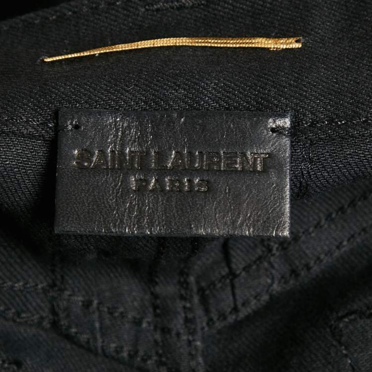 Pre Owned Saint Laurent Black Studded Leather Fringe Trim Denim Skirt S Waist 27"