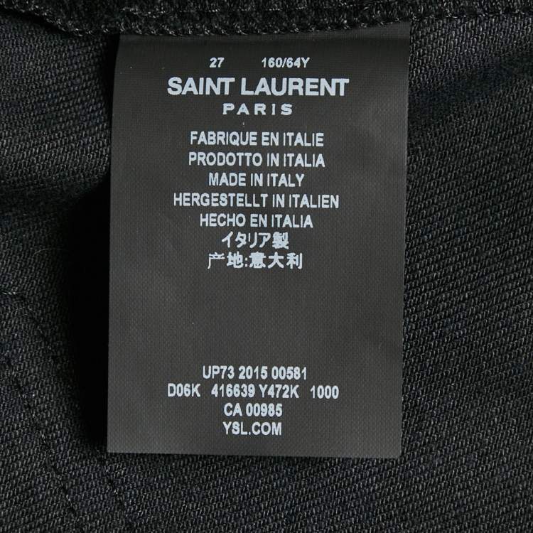 Pre Owned Saint Laurent Black Studded Leather Fringe Trim Denim Skirt S Waist 27"