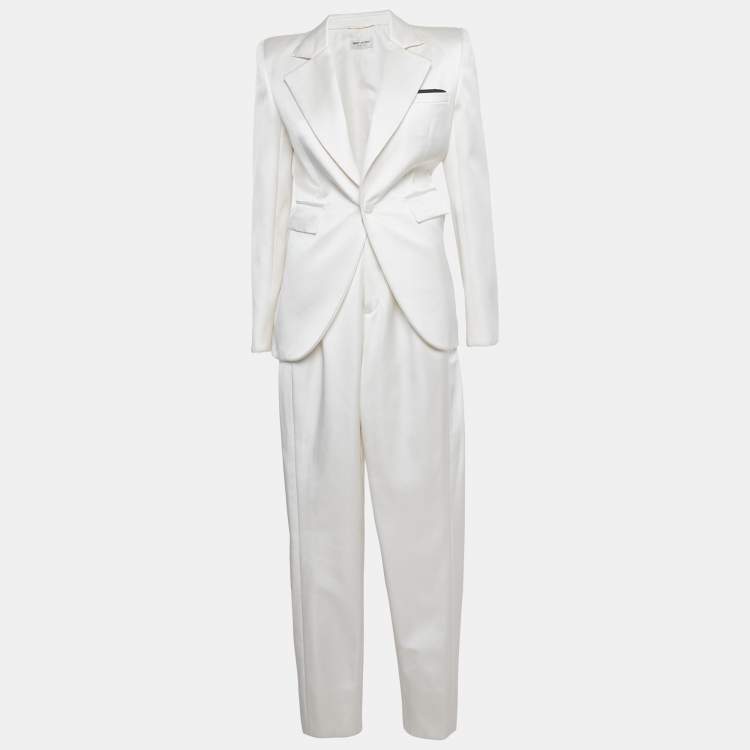 Pre Owned Saint Laurent Paris Ivory Satin Tailored Suit S/M