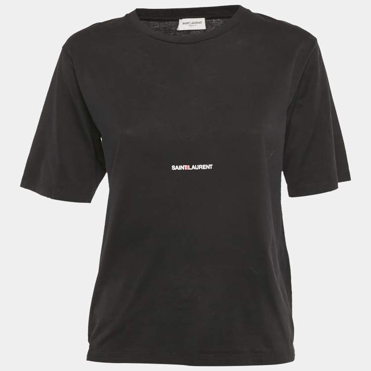 Pre Owned Saint Laurent Black Logo Print Jersey Crew Neck T-Shirt XS