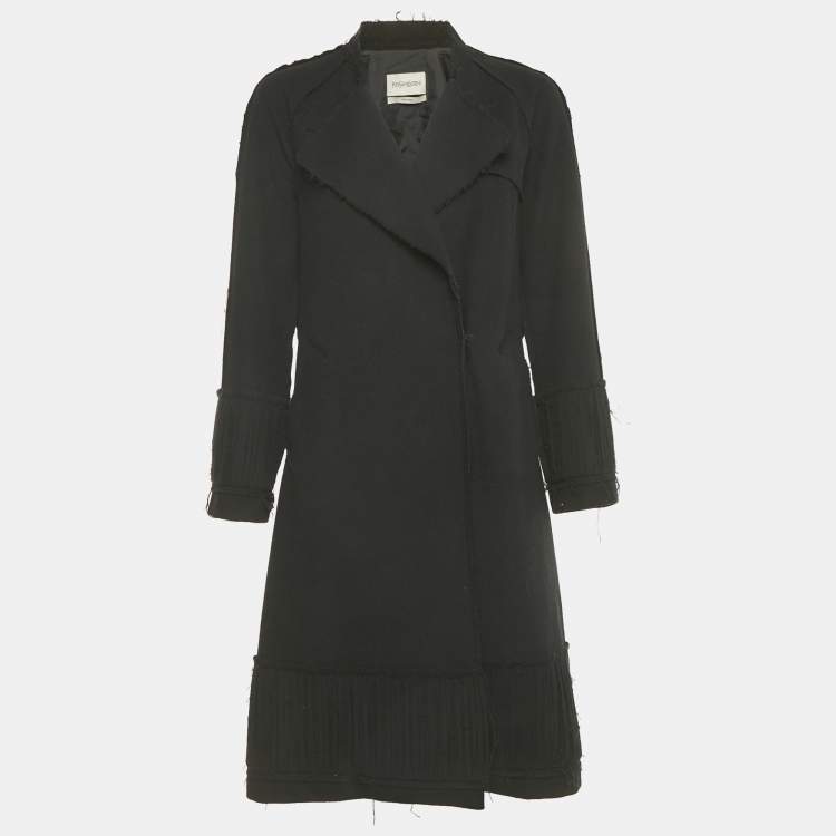 Pre Owned Saint Laurent Black Wool Fringed Trim Distressed Coat  S 