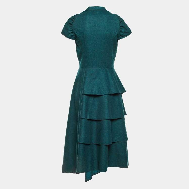 Pre Owned Saint Laurent Paris Dark Green Wool Tiered Midi Dress M
