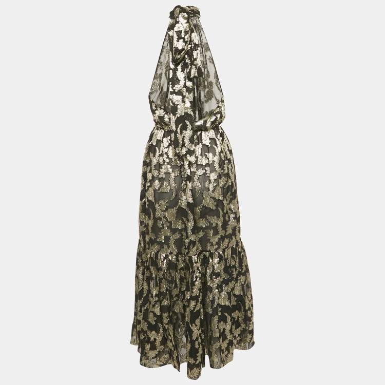 Pre Owned Saint Laurent Paris Black /Gold Fil Coupe Silk Halter Neck Midi Dress S