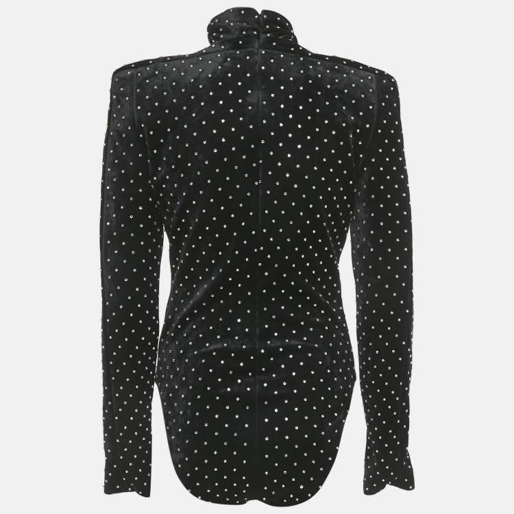 Pre Owned Saint Laurent Paris Black Crystal Embellished Velvet Turtleneck Bodysuit M  