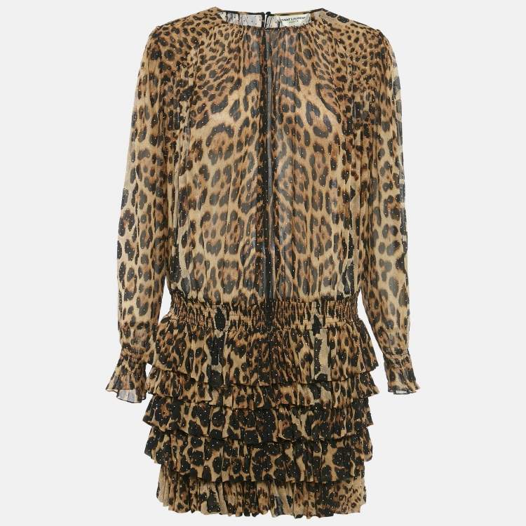 Pre Owned Saint Laurent Paris Brown Leopard Print Silk Ruffled Mini Dress M
