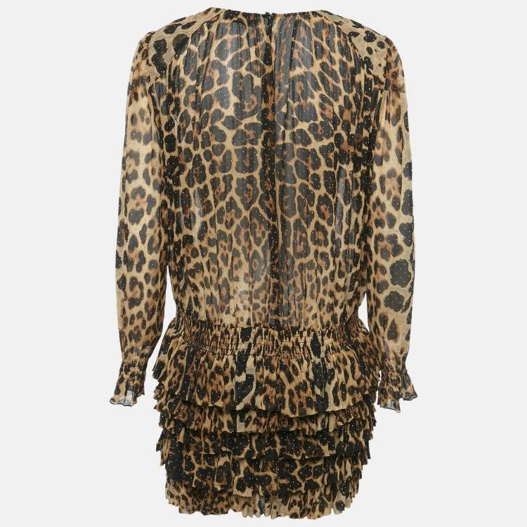 Pre Owned Saint Laurent Paris Brown Leopard Print Silk Ruffled Mini Dress M