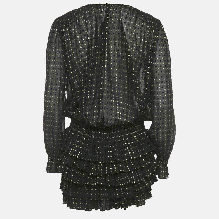 Pre Owned Saint Laurent Black Glitter Chiffon Sheer Ruffled Flocked Mini Dress M