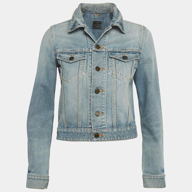 Pre Owned Saint Laurent Blue Love Applique Denim Jacket M