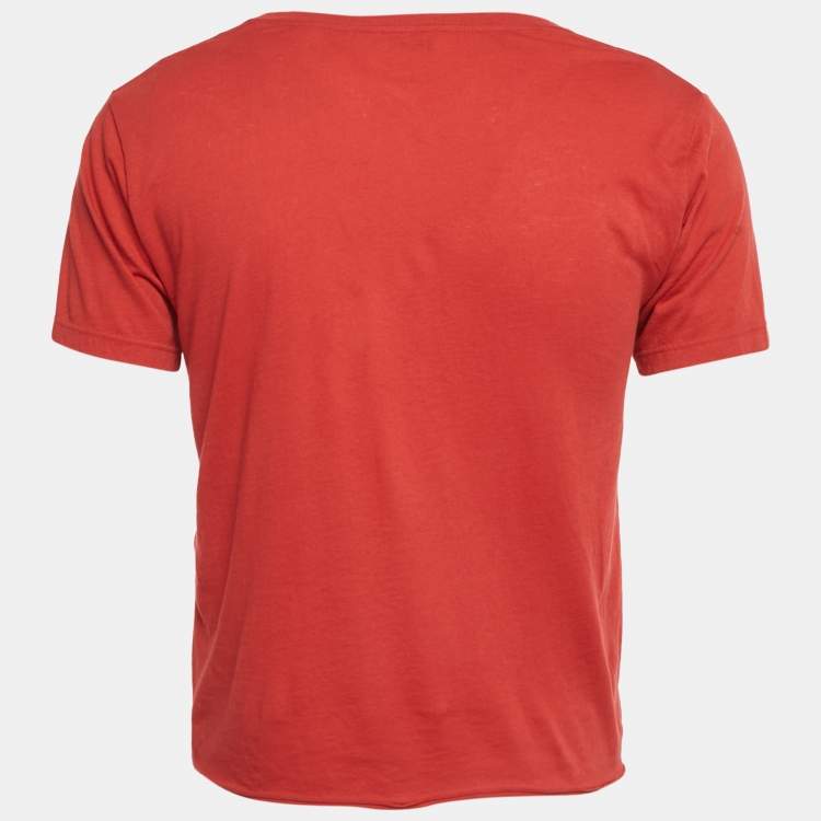 Pre Owned تي شيرت سان لوران باريس قميص أحمر بطبعة الشعار على الجيرسيه مقاس متوسط