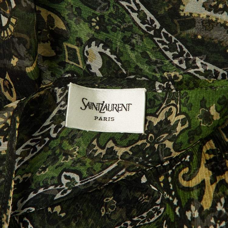 Pre Owned Saint Laurent Paris Green Paisley Print Silk Sheer Maxi Dress M