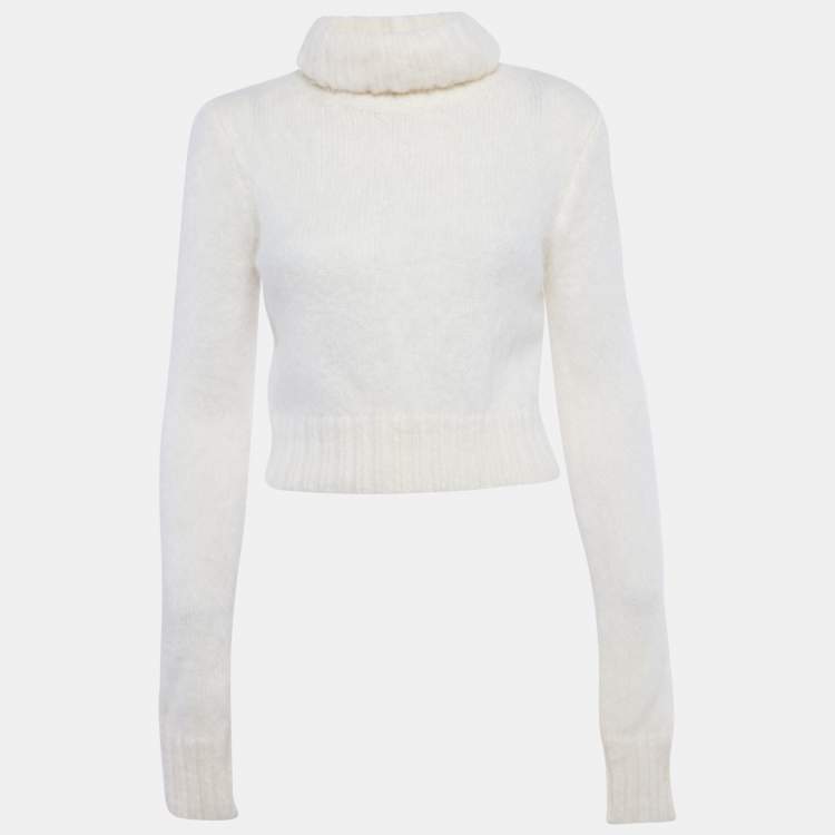 Pre Owned Saint Laurent Paris Ivory Mohair Turtle Neck Crop Sweater L