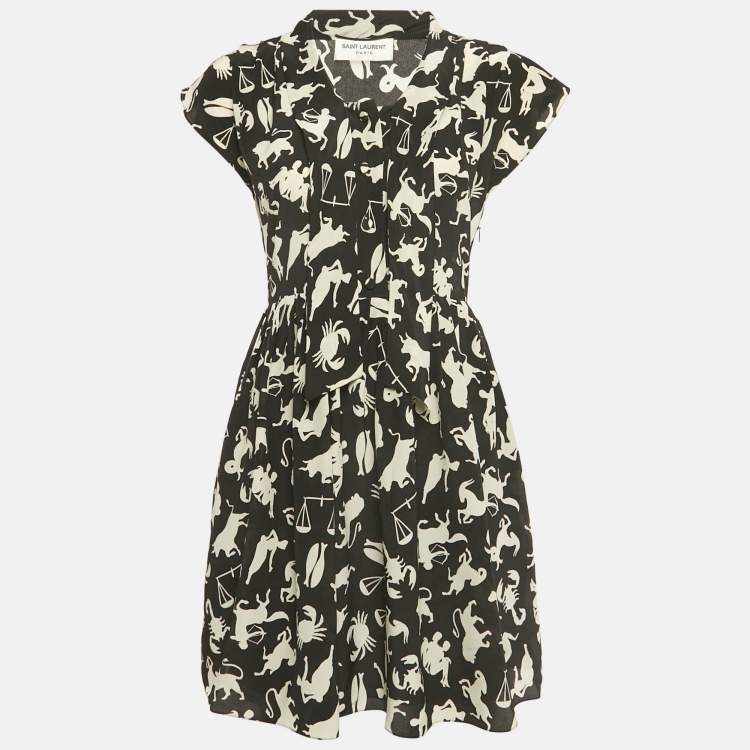Pre Owned Saint Laurent Paris Black Animal Print Silk Mini Dress M