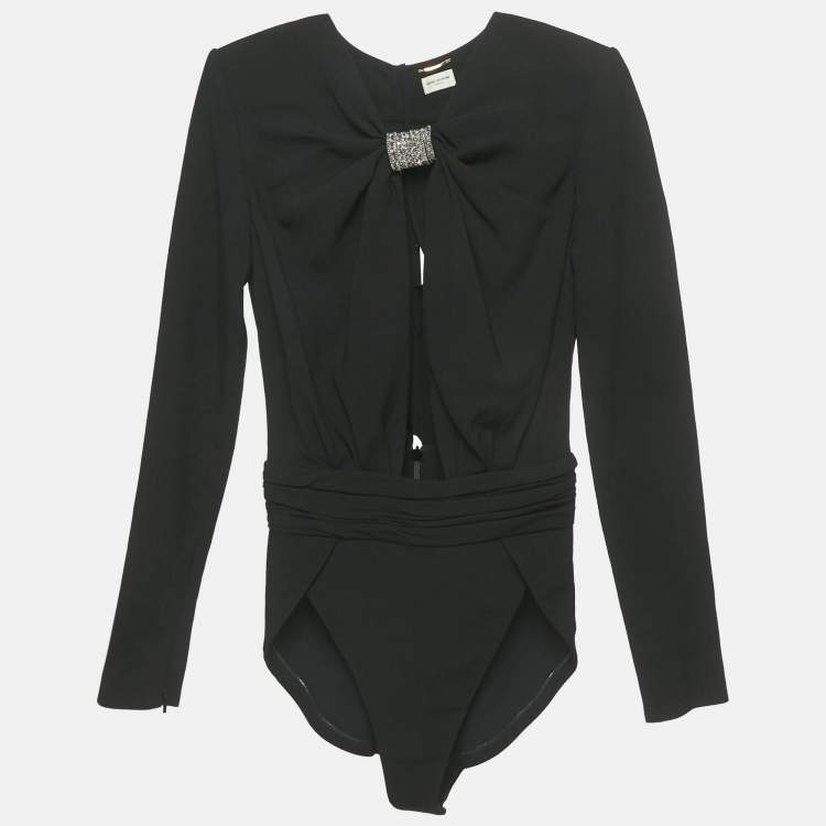 Pre Owned Saint Laurent Paris Black Embellished Detail Crepe Bodysuit S 