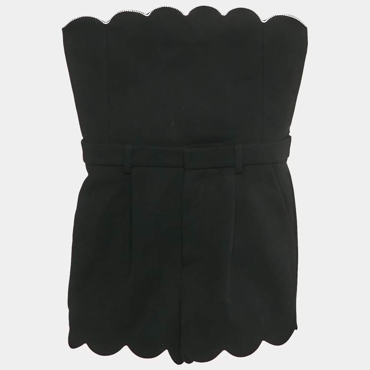 Pre Owned جمبسوت سان لوران باريس صوف أسود بتفاصيل حجر الراين وحافة متموجة مقاس صغير