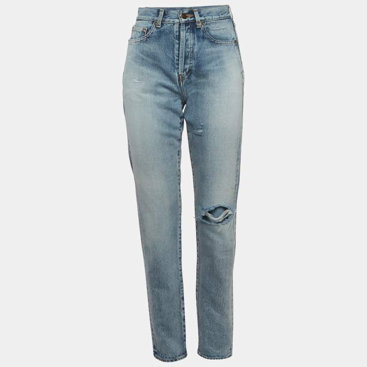 Pre Owned Saint Laurent Paris Blue Denim Distressed Jeans S/Waist 26"