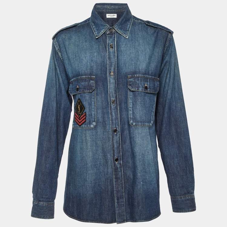 Pre Owned Saint Laurent Paris Blue Denim Patch Detail Shirt L