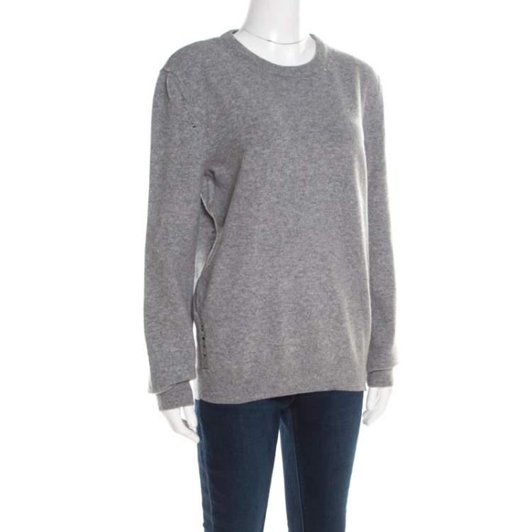 Pre Owned Saint Laurent Paris Grey Distressed Wool and Cashmere Crew Neck Sweater L