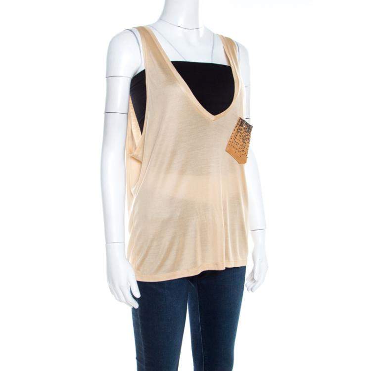 Pre Owned Saint Laurent Paris Beige Silk Knit Embellished Leather Pocket Detail Tank Top S