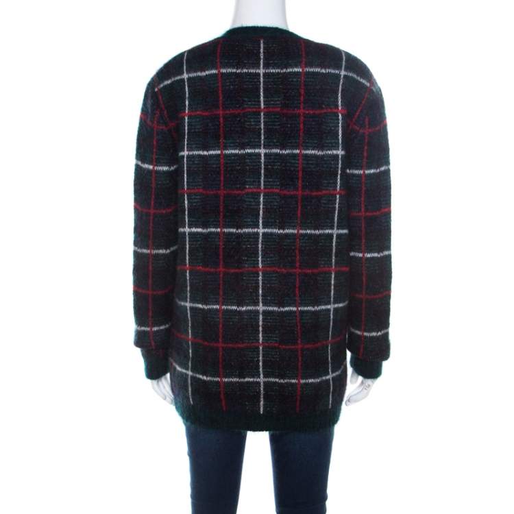 Pre Owned Saint Laurent Paris Dark Green Plaid Mohair Oversized Cardigan XS 