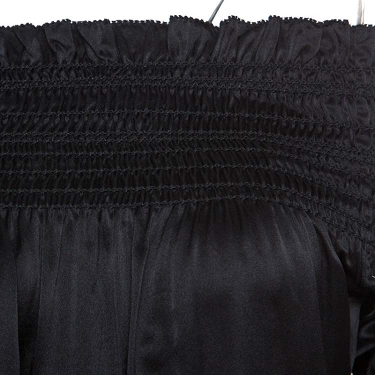 Pre Owned Saint Laurent Paris Black Satin Smocked Off Shoulder Top M