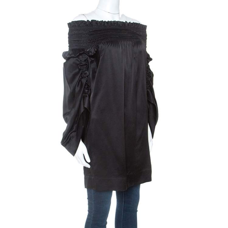 Pre Owned Saint Laurent Paris Black Satin Smocked Off Shoulder Top M